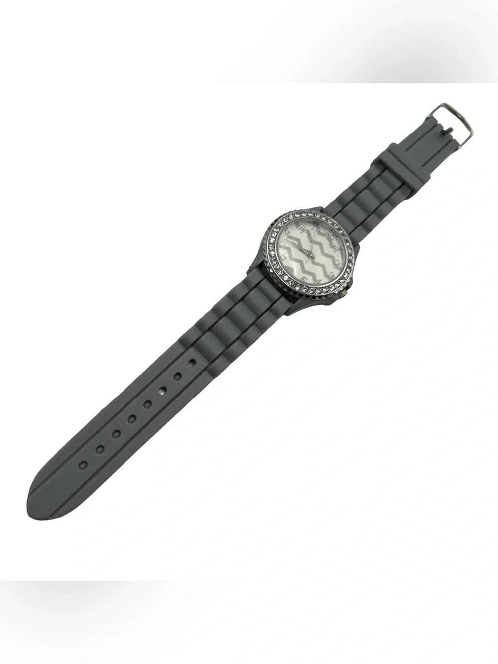Geneva Women’s Watch Platinum Gray Chevron Dial Rhinestone Bezel Silicone Band